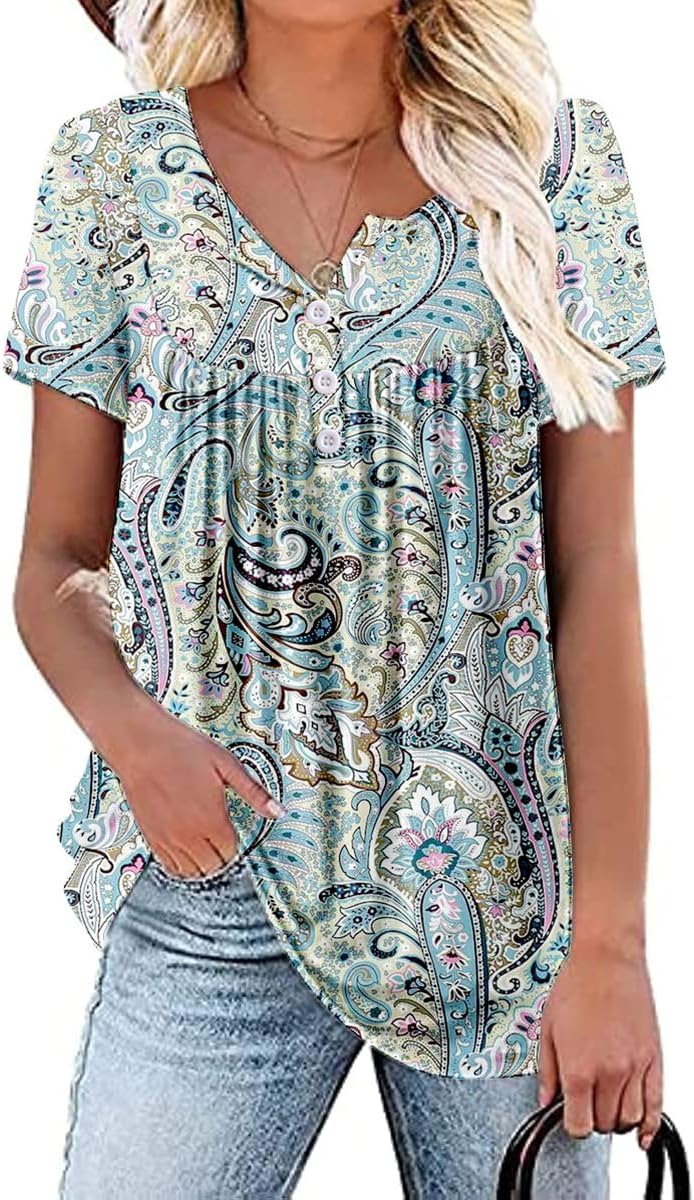 Women's Plus Size Tops Blouses Short Sleeve Shirts Lace Pleated Tunic Tops L - Image 3