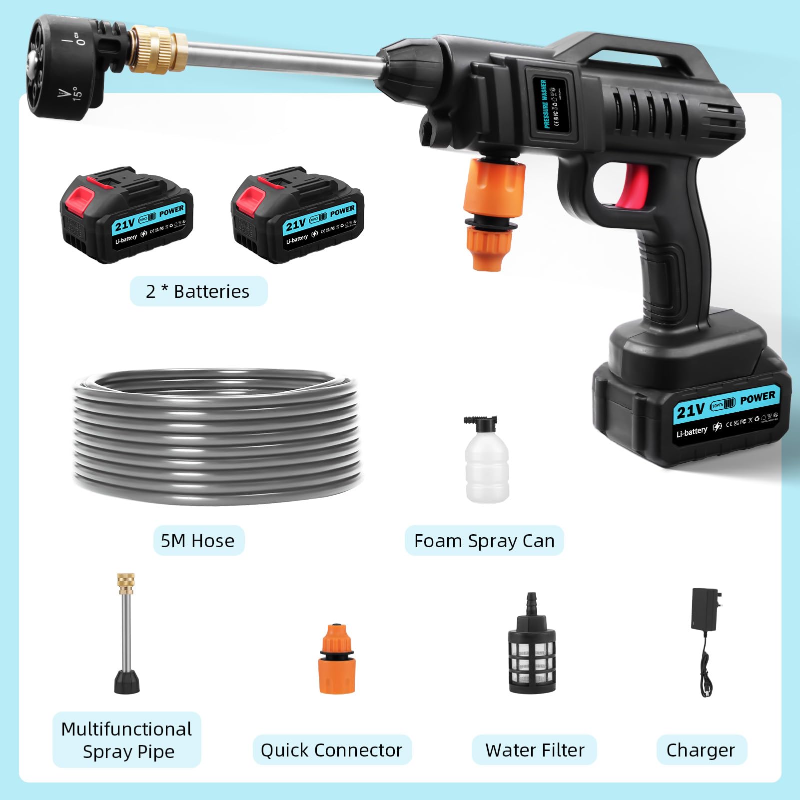 Hidrolimpiadora de Alta Presión 3000W Inalámbrica con 2 Baterías 21V Recargables - Boquilla 6 en 1 Ajustable, Tuyau 5m - para Coches, Suelos, Patios y Jardines