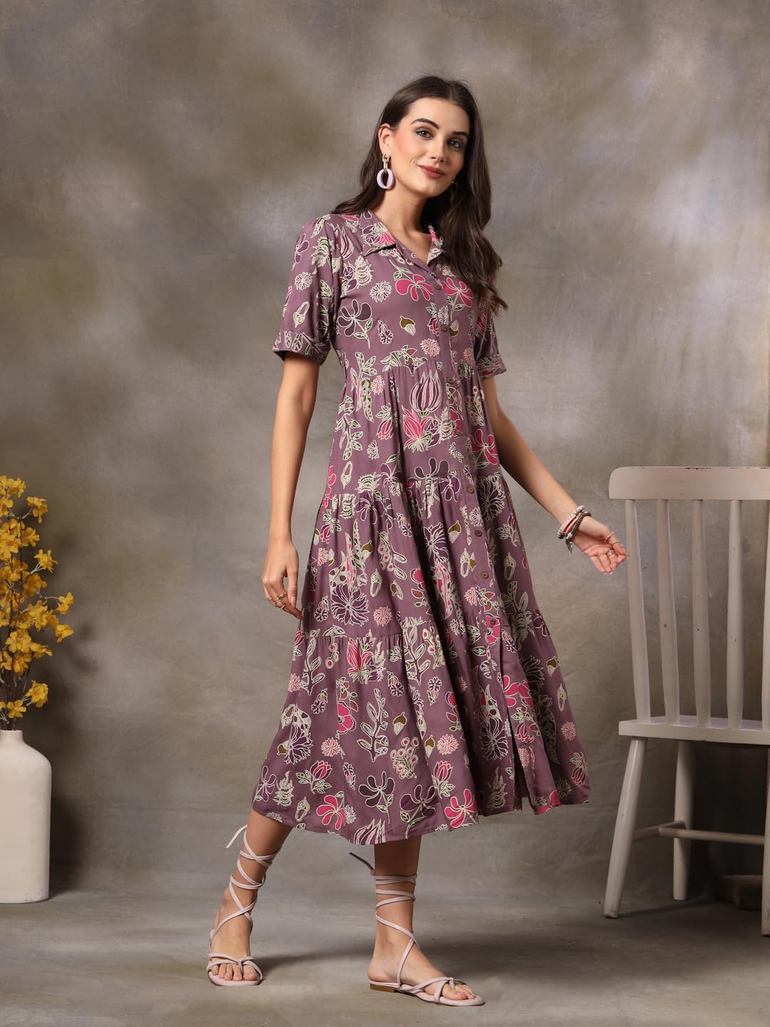 Stylum Women's Tropical Printed Rayon Tiered Dress (Drspurplesomil38_Purple, M)