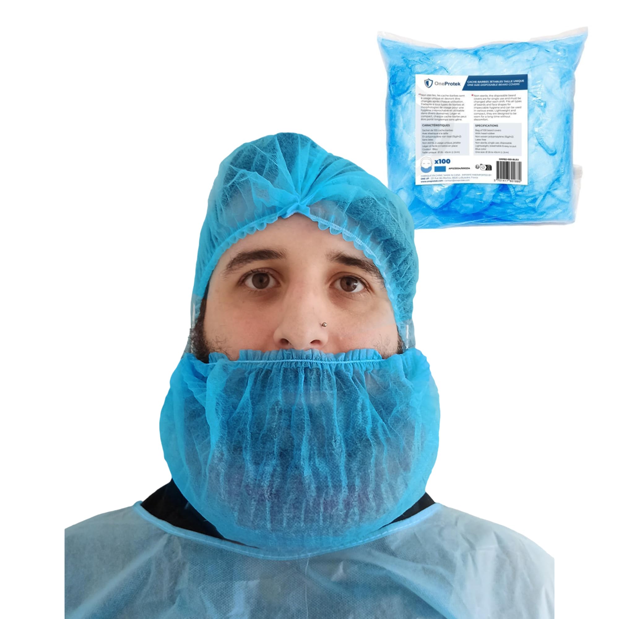 Lot de 100 protections de barbe jetables - Cache Barbe OneProtek Bleu - Usage Alimentaire, Restauration et Médical, Protection respirante, Hygiénique et élastique à la tête Confortable, Taille unique