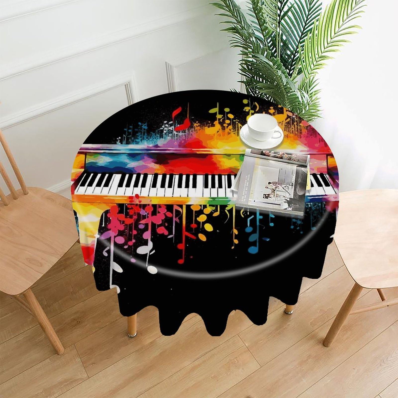 VstaDank Colorful Piano Keyboard Music Note Tablecloth Easy to Clean Polyester Round Table Cover Washable Round Table Cloth Wrinkle-Free Circle Decoration Tablecloth for Kitchen Dining Room 60"