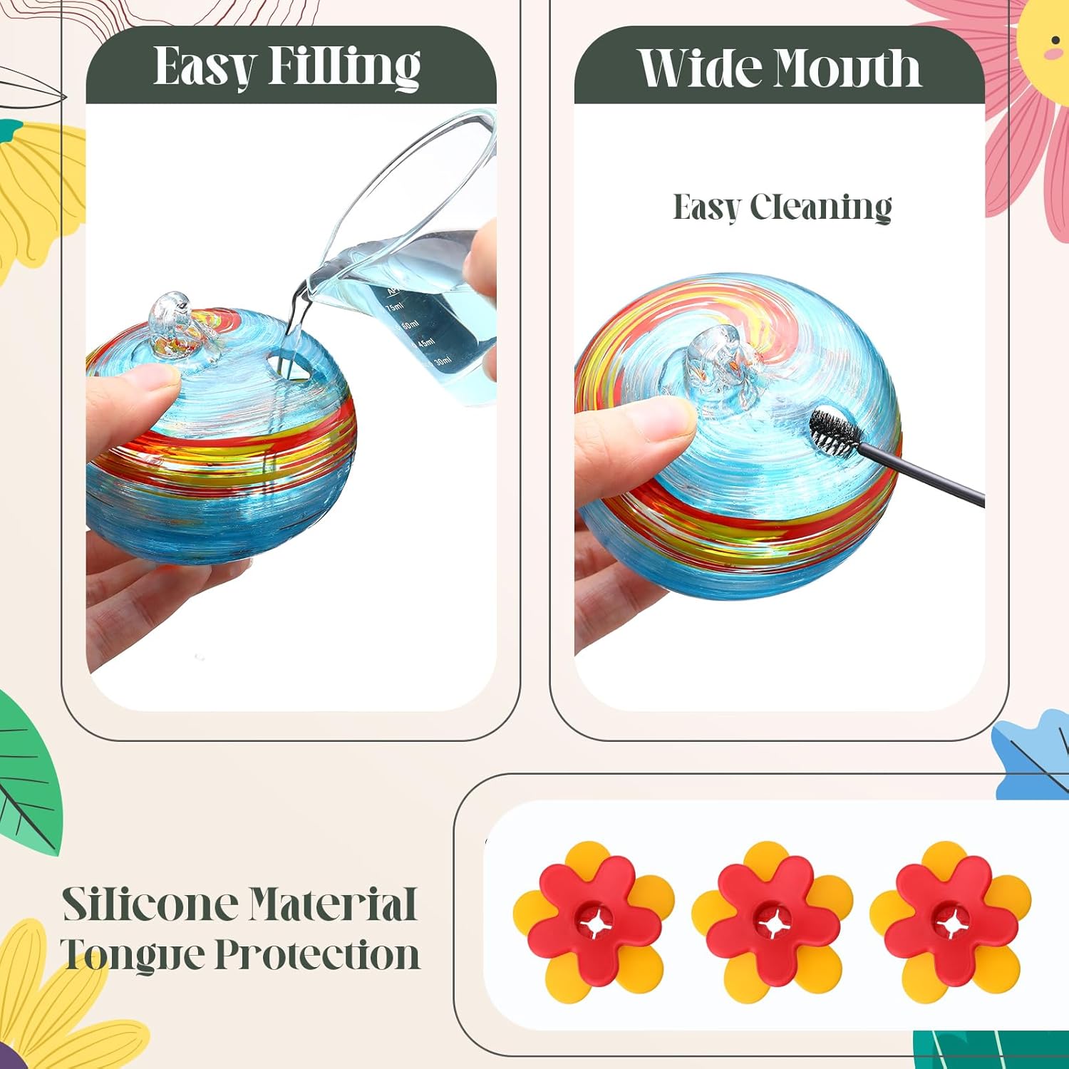 Chunful Hummingbird Feeders for Outdoors Hanging (6 Feeding Stations) Hand Blow Glass Hummingbird Feeder with Shepherd Hook and Adjustable Hight Bird Feeder for Outside, Home Garden Yard, Never Leak