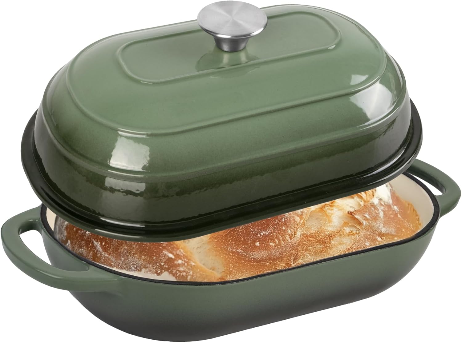 Premium Enameled Cast Iron Dutch Oven for Bread Baking | Non-Stick 5QT Oval Bread Oven with Lid | Perfect for Sourdough, Loaf, and Artisan Baking (Oval Green, 5 QT)