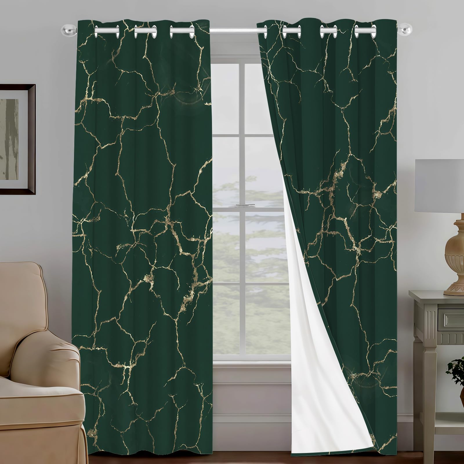 OSUNBD Dark Olive Green Geometric Marble Print Blackout Curtains, Grommet Heat Sound Insulation Privacy Drapes with Gold Foil Print for Living Room Bedroom Modern Home Decor 42x63 in, 2 Panels