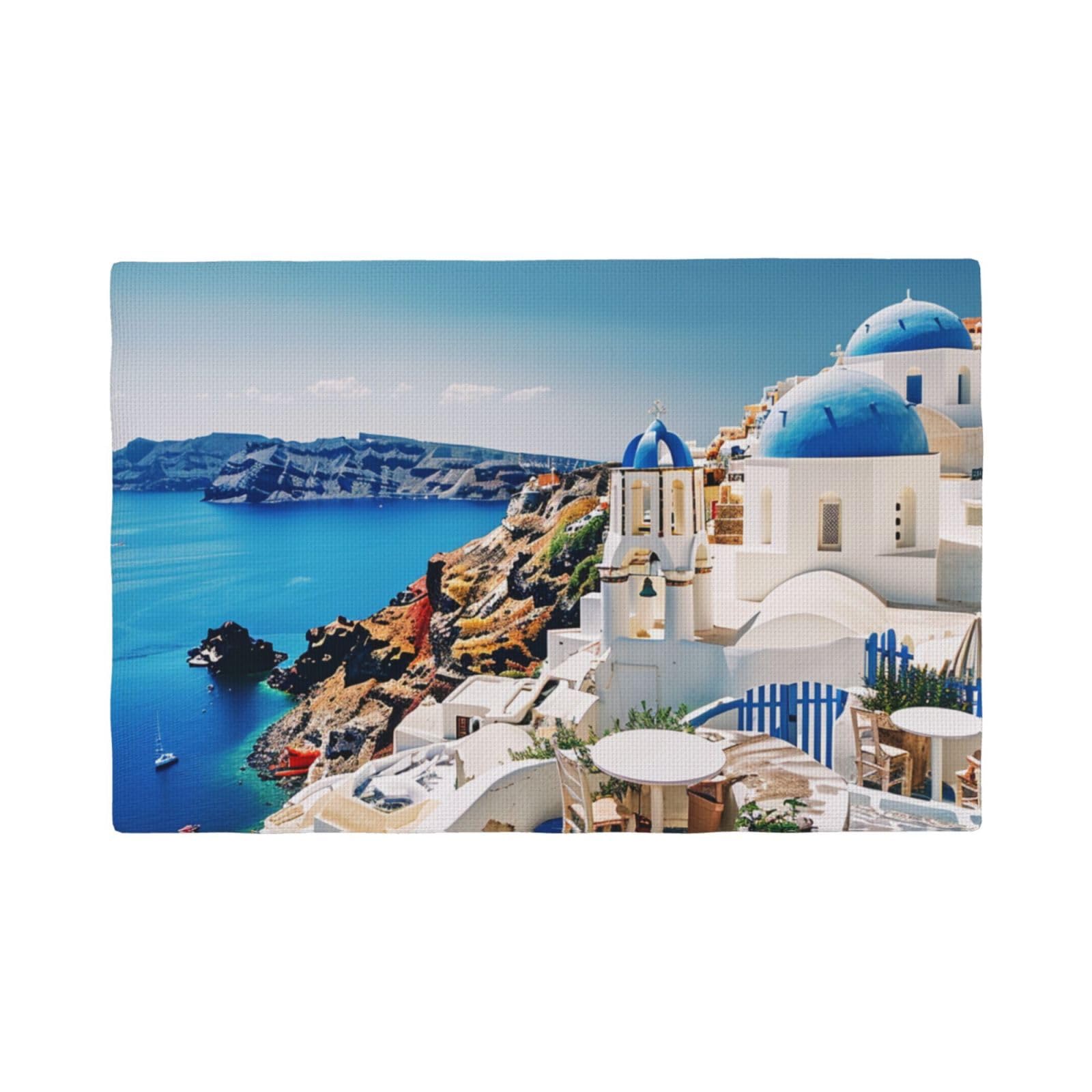 Lrhcnzdcp 4 Pcs Santorini Greek Island Sea View Printing Linen Placemats Set Of Non-Slip Heat Resistant Table Place Mat 45X30 Cm For Dining Table Decorative