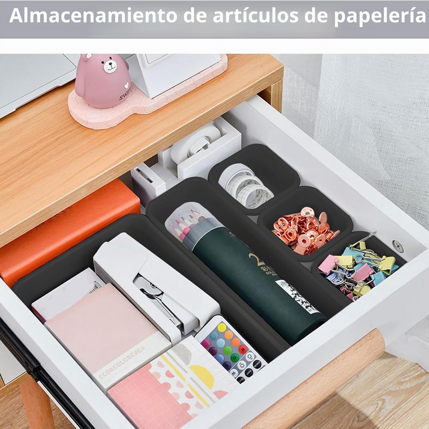 Organizador Cajones Escritorio 8 Piezas, Cajas Bandejas Plástico Apilables Almacenamiento 3 Tamaños (Gris)