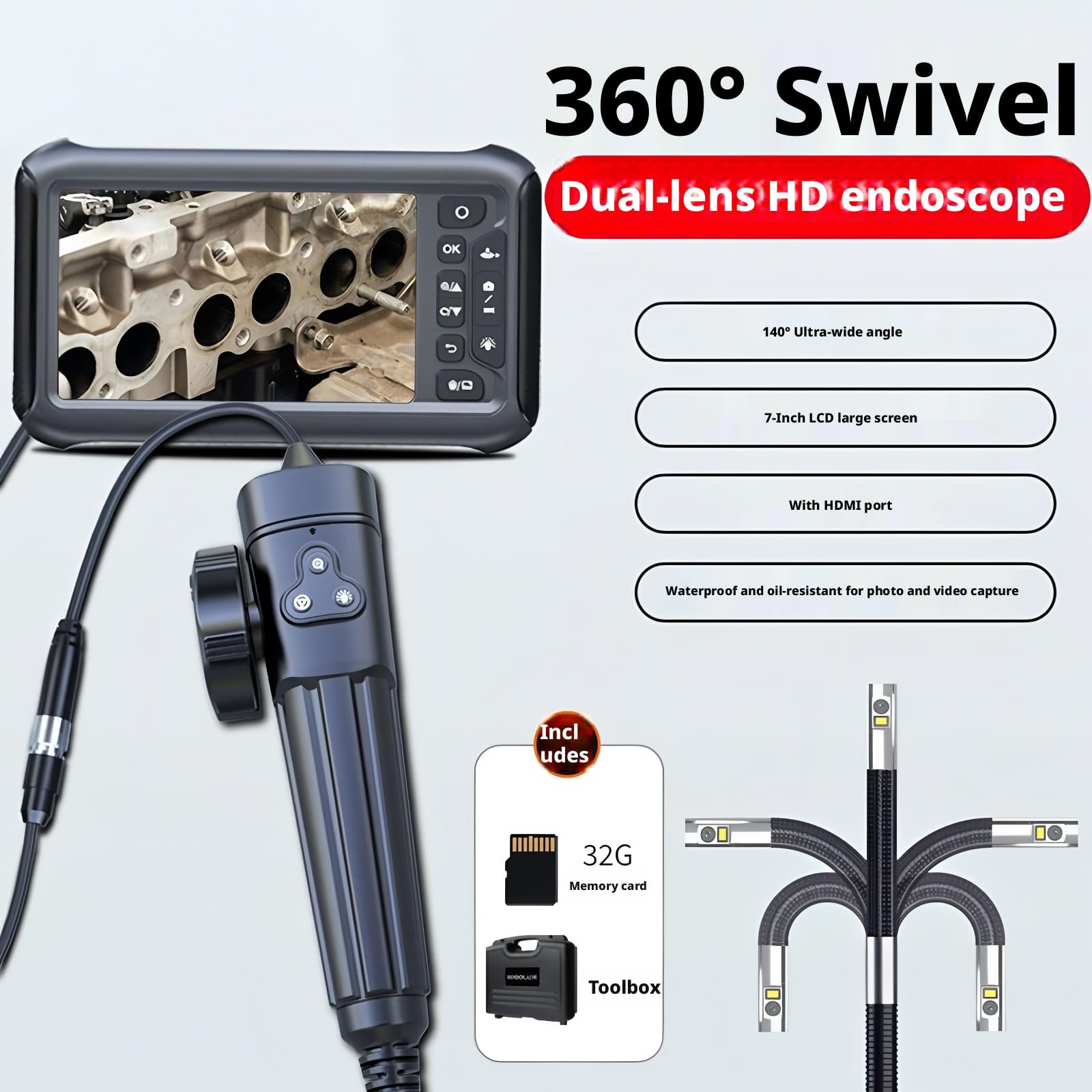 Endoscope GL-700N Articulating Borescope 8.5mm 2M Dual Lens 1080P HDMI