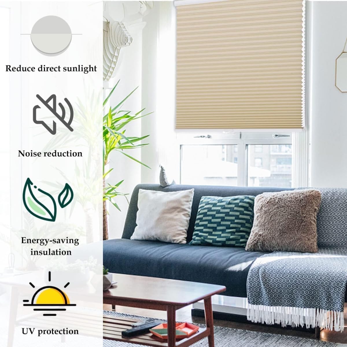 MYshade 1.5-Inch Cellular Cordless Light Filtering Shades, Honeycomb Window Blinds for Soft Daylight & Privacy, Thermal Insulation, Child Safe, Inside or Outside Mount (32" W x 64" H, Beige)