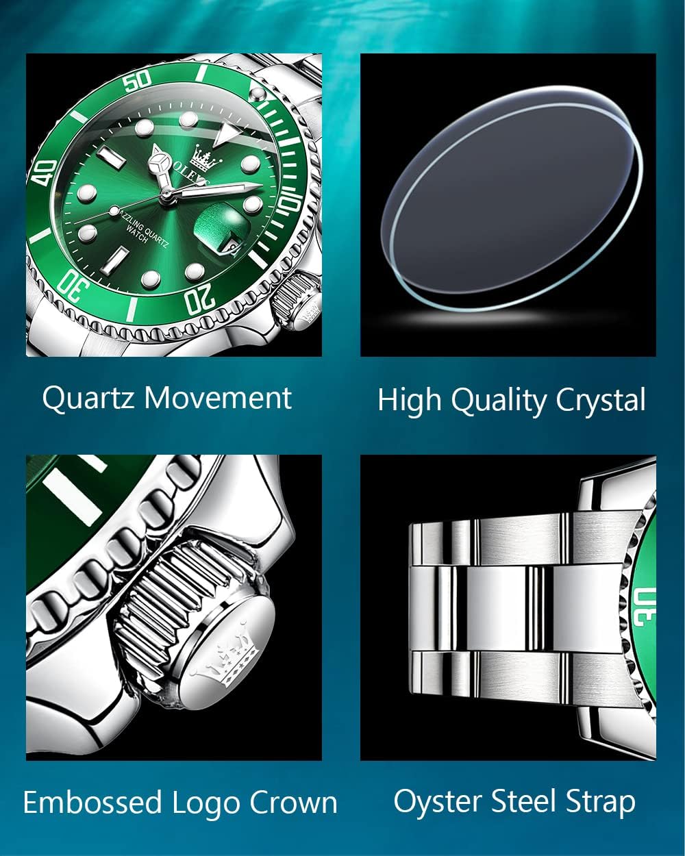 OLEVS Men's Watches with Date, Premium Gold and Silver Stainless Steel Analog Watches for Men, Classic Rotatable Bezel Men's Cuff Watches, Blue/Green/Black Dial