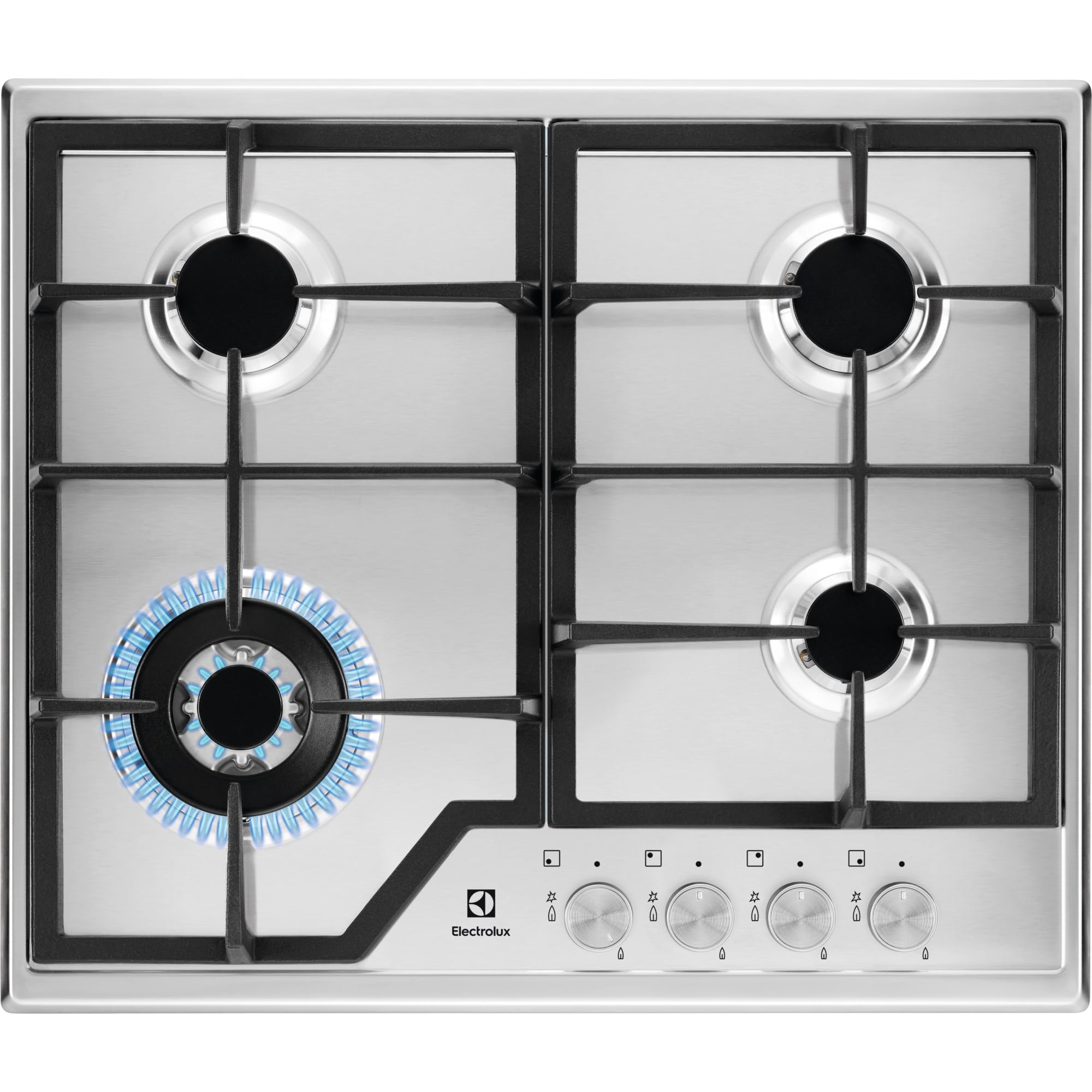 Electrolux KGS6436SX Placa de gas, 4 fuegos, Quemador Wok, 1 ultrarápido, Mandos Frontales, Calor Instantaneo, Autoencendido electrónico, Termopar de Seguridad, Inox, 60 cm