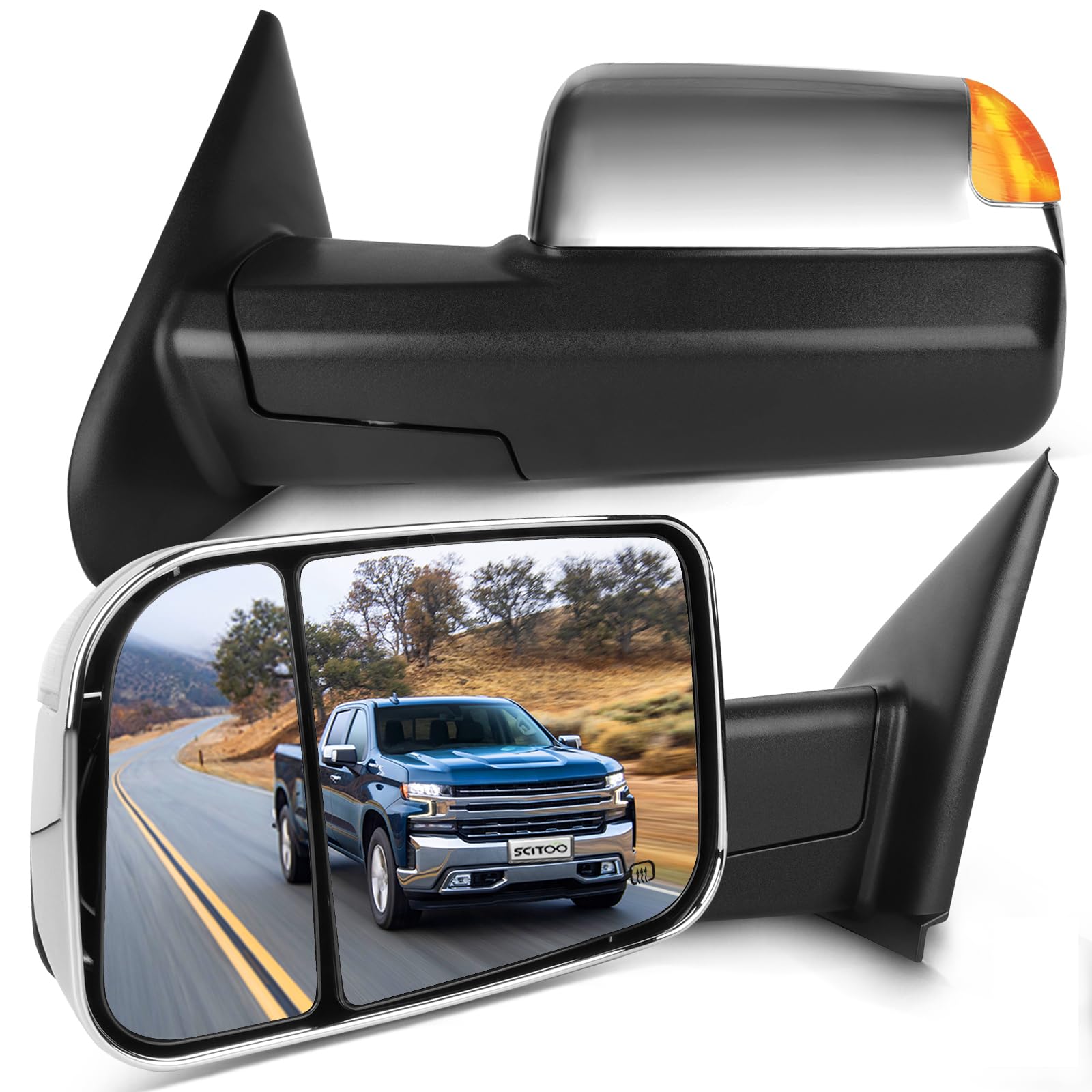 SCITOO Towing Mirrors fit 2009-2017 for Dodge for Ram 1500 2010-2017 for Ram 2500 3500 with Power Adjusted Heated Turn Signal Puddle Light Manual Folding and Flip Up Chrome Mirrors