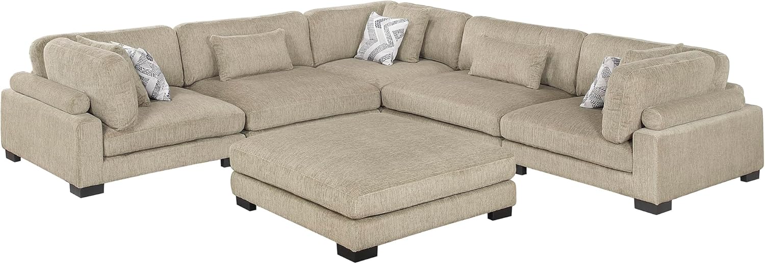 Lexicon Modular Sectional Sofa, Textured Microfiber Oversized Sectional Sofa, 8 Pillows, Adjustable Back and Armrests, Removable Back Cushion Cover, L Shape Couch with Ottoman, 5 Seater, Brown