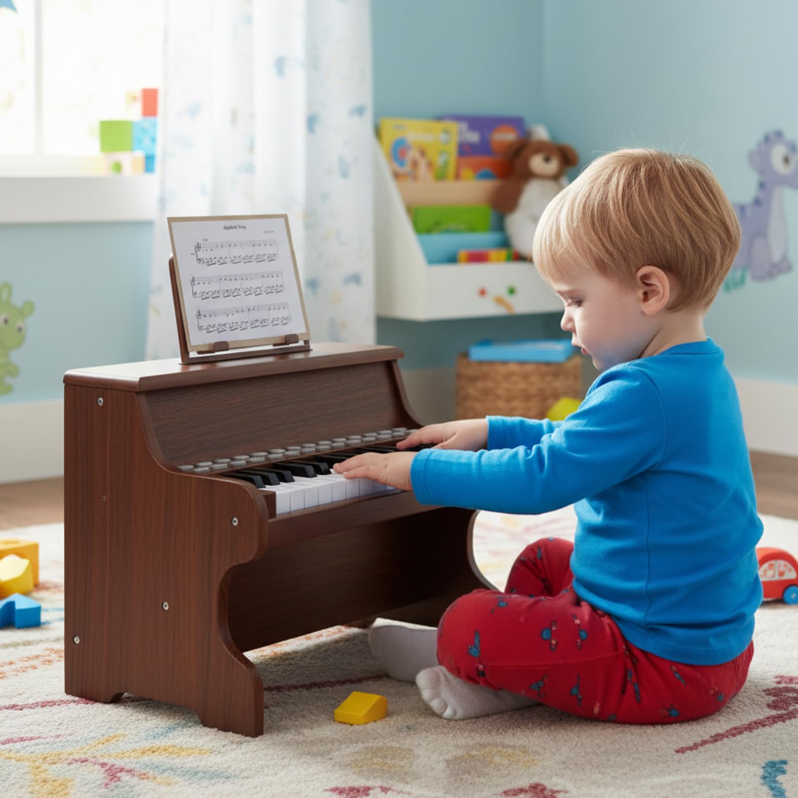 GOPLUS Teclado de Piano con 25 Teclas Iluminadas, Instrumento Musical para Niños con Atril Extraíble, Piano Eléctrico de Madera con Velocidad y Volumen Ajustables, 3+ Años (Marrón)