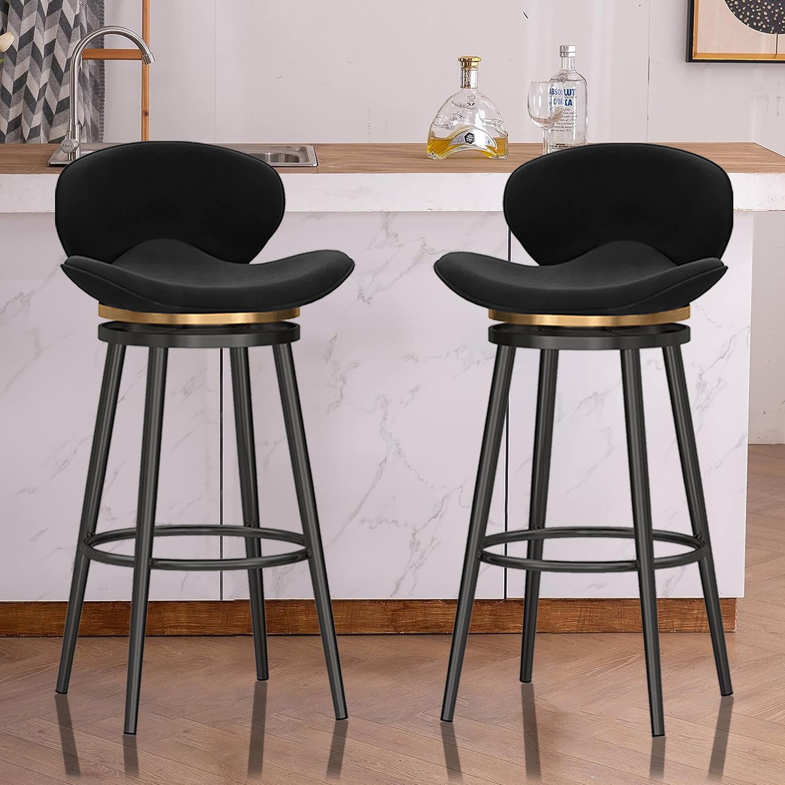 Juego de 3 taburetes de Bar giratorios Modernos de Terciopelo con reposapiés y Respaldo, taburetes de Cocina, sillas Altas de Comedor con Tirador de aro, Altura del Asiento 75 cm, Color Negro