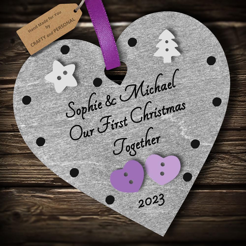 Multi-Colour Personalised Our First Christmas Together Bauble tree decoration wooden heart hanging ornament keepsake for couple (Silver #3)