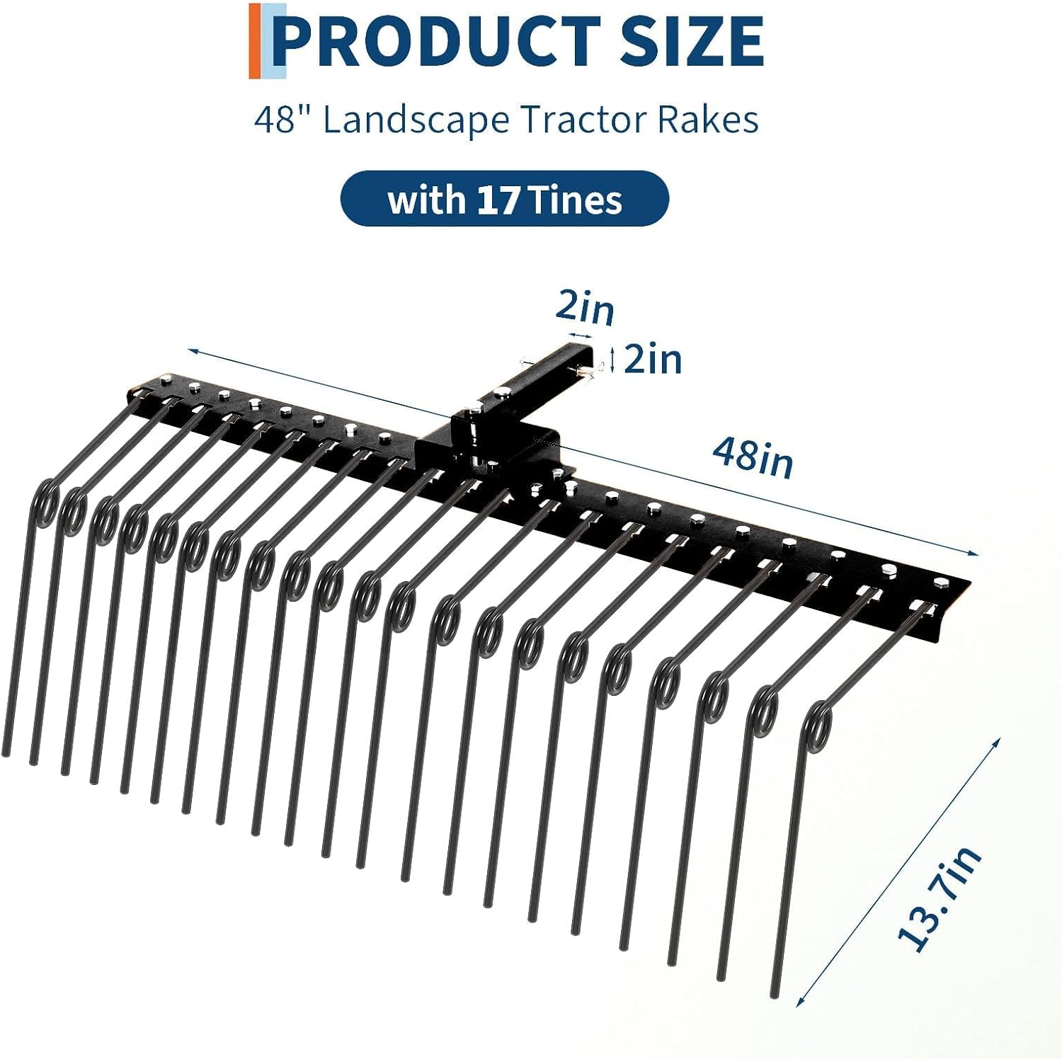 48" Pine Straw Rake for Tractor, 2" Receiver Tow-Behind Landscape Rake with 17 Powder-Coated Steel Tines for ATV/UTV/Lawn Tractor, Leaf Collection & Yard Debris Cleanup, Black