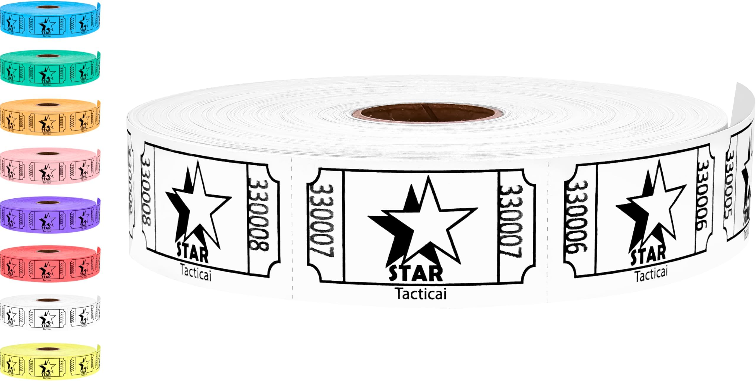 Tacticai 1000 Raffle Tickets, Star, White (1 of 8 Colors), Single Roll, Ticket for Events, Entry, Class Reward, Fundraiser & Prizes