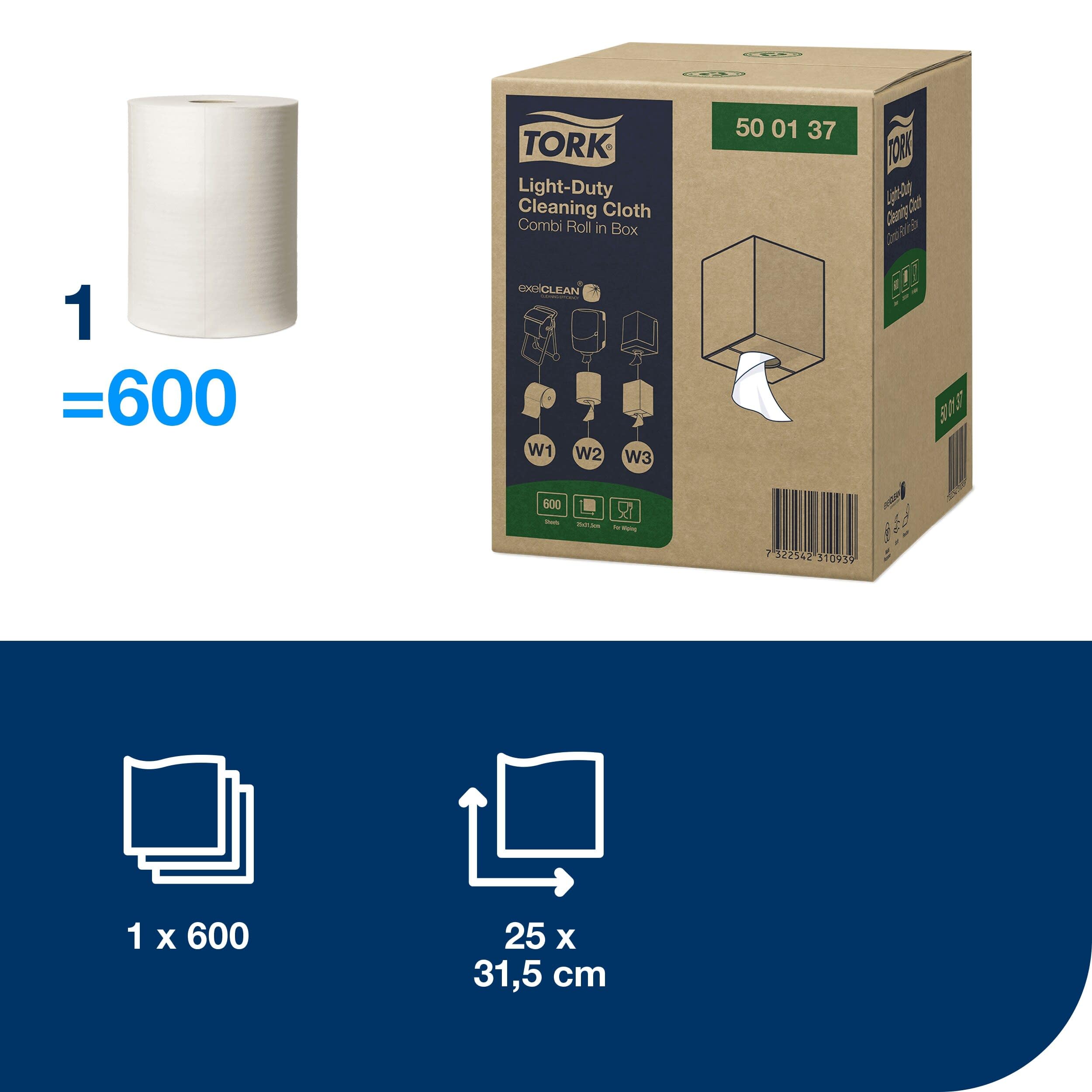 Tork Paños de Limpieza en Rollo Combi, 4 x 600 unidades, 500137 | Blanco W1/W2/W3, Uso en Seco o Húmedo, para Tareas de Limpieza Ligeras
