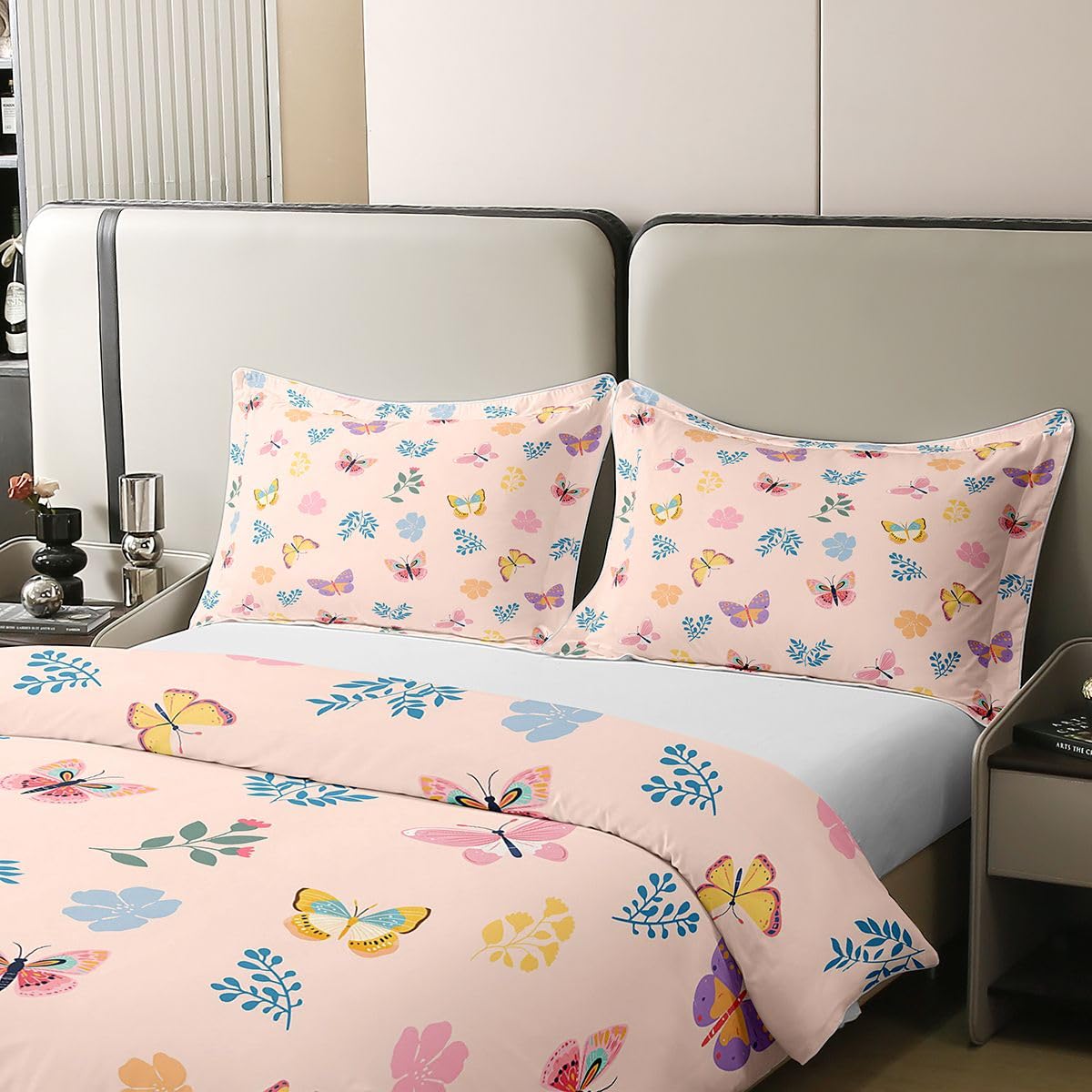 Homewish uroczy motyl podwójny zestaw pościeli z 2 poszewkami na poduszki - wiosna kwiatowa bawełniana poszewka na kołdrę botaniczne kwiaty poszewka na kołdrę różowy motyl dekoracje zestawy łóżek