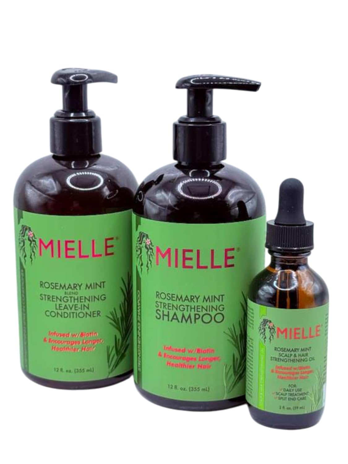 Rosemary Mint 3-Piece Hair Growth Bundle – Strengthening Shampoo (12 oz) + Leave-In Conditioner (12 oz) + Scalp & Hair Oil (2 oz) – Infused with Biotin – For Stronger, Healthier Hair