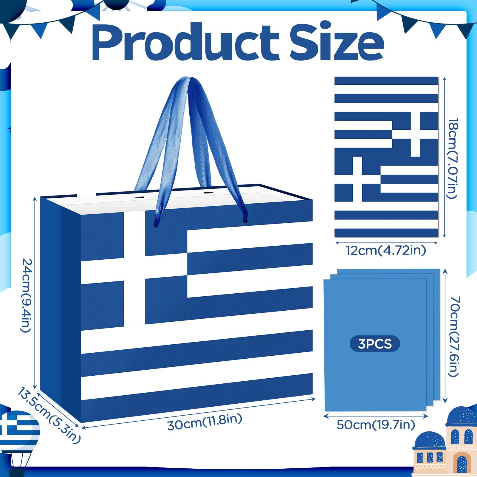 Neptniopllab Greek Flag Gift Bag with Card & Wrapping Papers,Blue White Greece Theme Party Decorations Gift Bag for National Day of Greece,Birthday,Greek Family Gathering Dining,Goodie Treat Bag