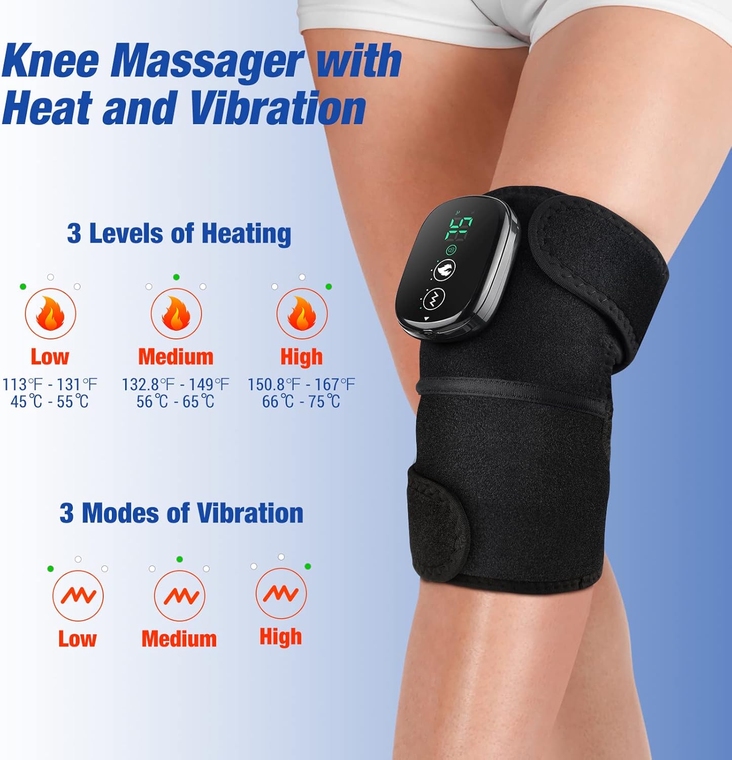 FSA Eligible Knee Massager with Heat and Vibration, Knee Heating Pad for Arthritis with Massage, Heated Knee Brace Wrap Black - Image 3