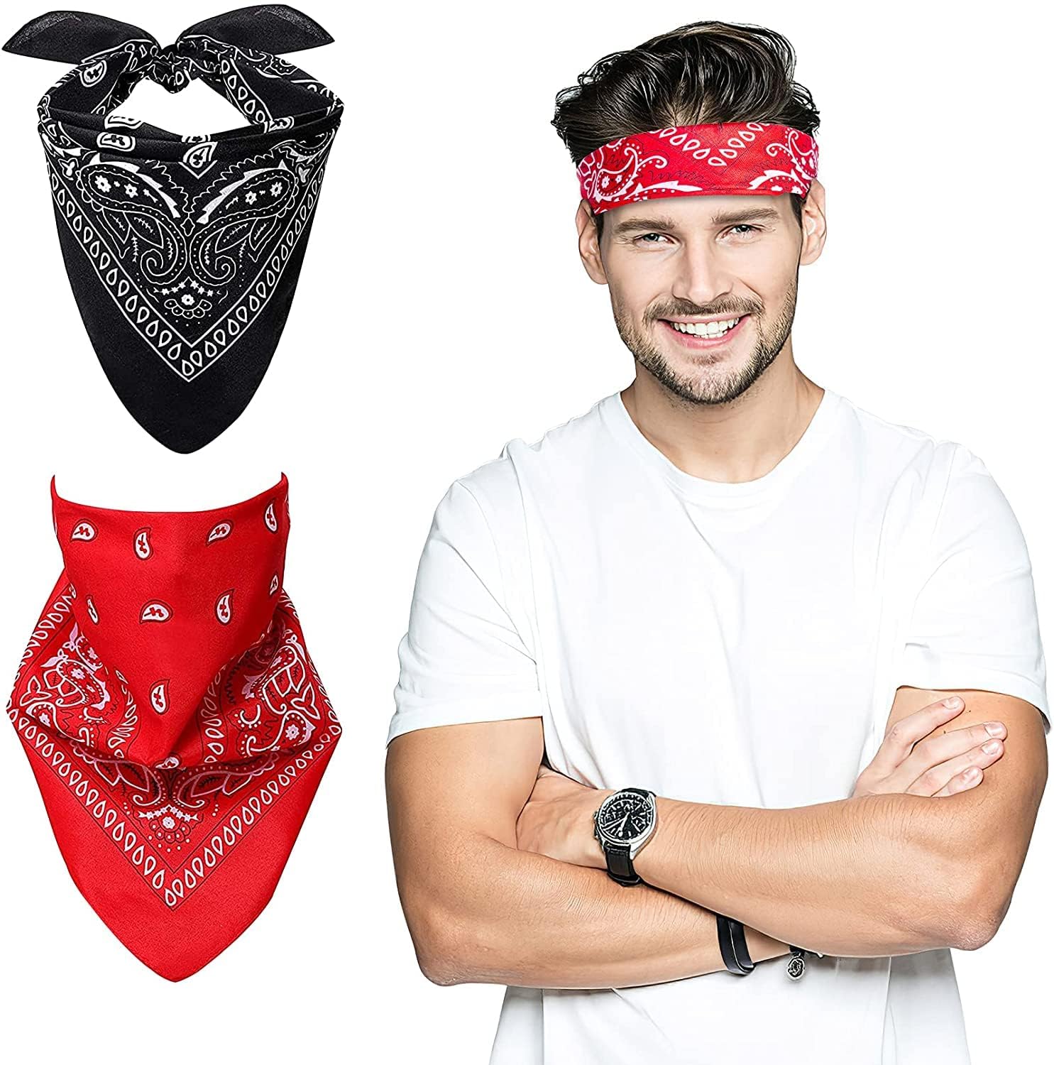peboo SHYAM SAHARE COLLECTION'S Paisley Bandanas, Pirate Head Scarf,Headband,Scarf Hair Bandanas for Men & Women, Multifunction Cotton Headscarf Cowboy, (unisex) (Black & white) Pack of 2-picture-57