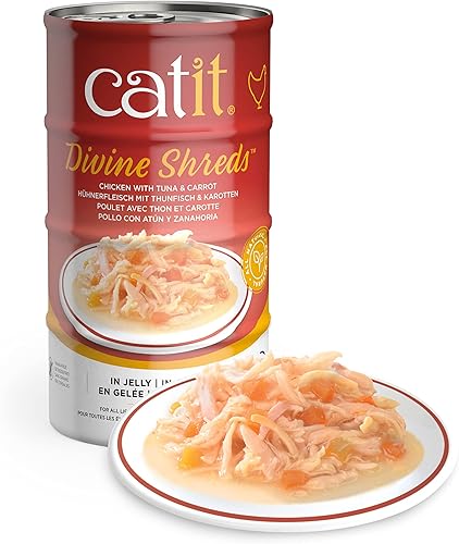 Catit Divine Shreds in Jelly, comida húmeda prémium para gatos, pollo con atún y zanahoria