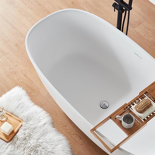 Miniatura 4 de Cpingao Bañera independiente de resina de piedra de 55 pulgadas, diseño moderno y elegante, bañera sola con soporte, blanco mate, drenaje cromado y