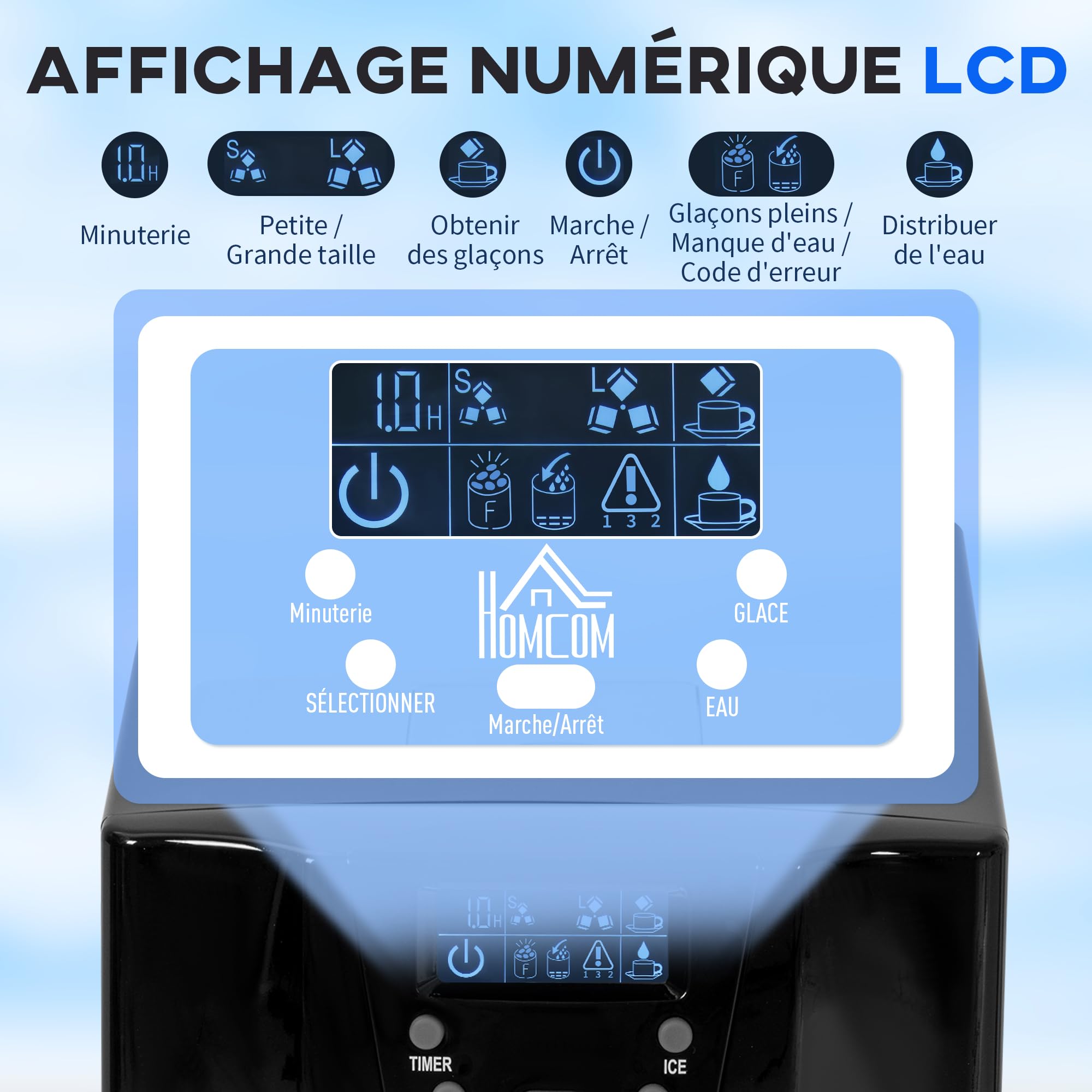 HOMCOM Machine à Glaçons avec Distributeur d'Eau, 12kg en 24h, 9 Glaçons en 6-10 Minutes, Ice Maker Portable, Taille de Glaçon Réglable, Minuterie, Réservoir d'Eau 3L, pour Maison, Cuisine, Bar, Noir