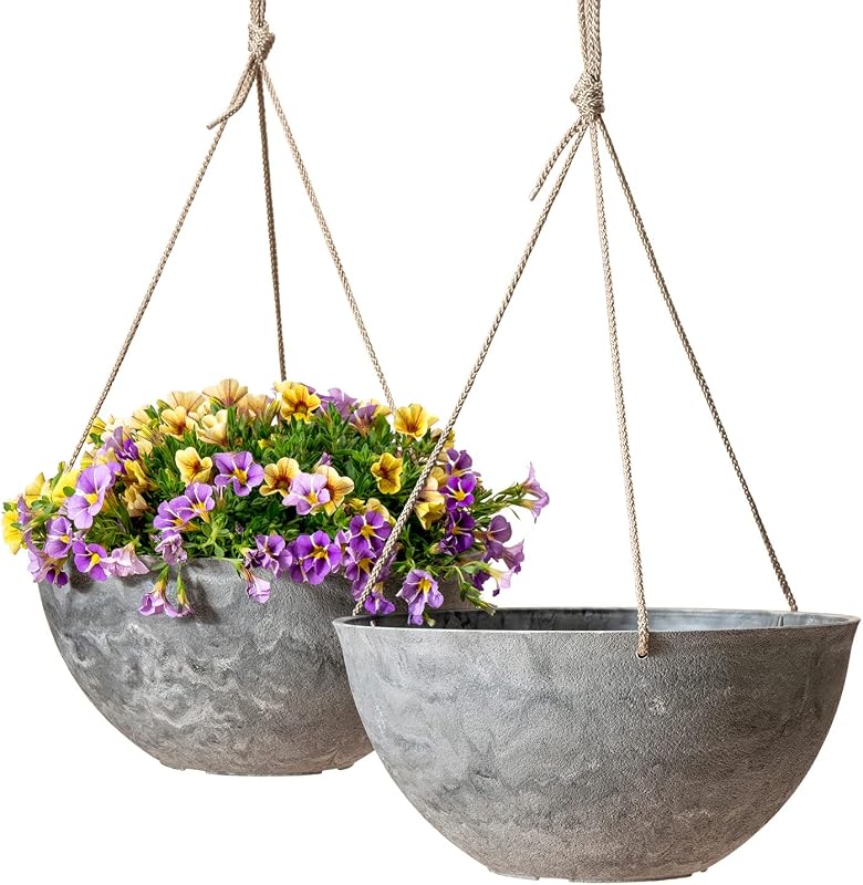 LA JOLIE MUSE Cestas colgantes para plantas de exterior, juego de 2, 13 pulgadas | Cestas colgantes grandes con orificios de drenaje, maceteros colgantes con patrón de mármol para ventanas, porches, balcones, jardines, patios