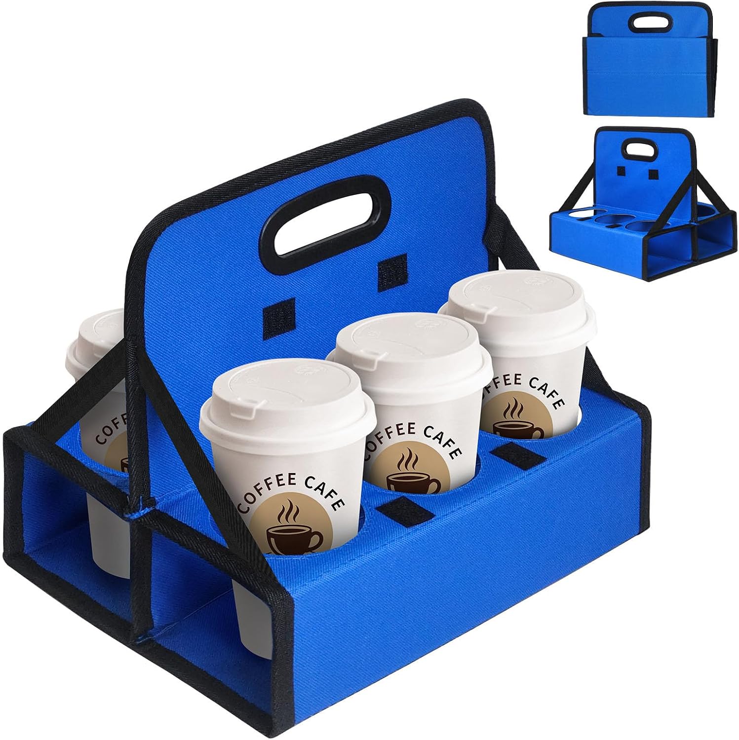 6-Cup Drink Carrier, Portable Beverage Caddy with Handle - Reusable Foldable Holder for Coffee, Wine, Cans - Securely Carries Hot & Cold Drinks for Delivery, Takeout, Travel (Black)