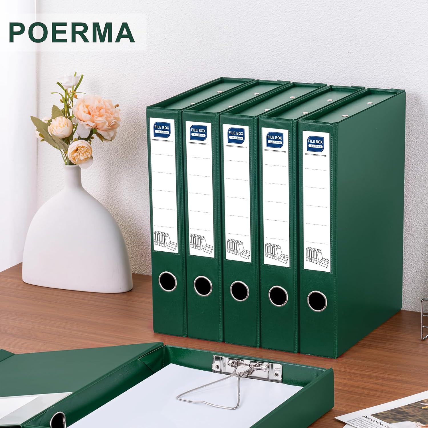 Storage File Boxes A4, 6 Pack Foldable File Box with Clip, 50mm Spine, Plastic Archives Cases with Magnetic Closure, Document File Folder Organizer Storage Filing Box for Office School, Green