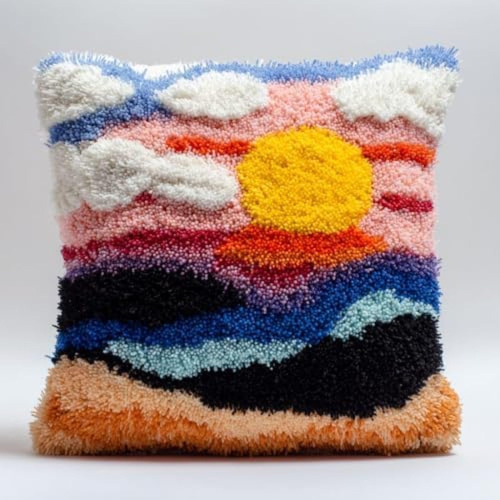 kitphoenix Adults DIY Cushion Cover Making Kit,Calf and Sunset,Latch Hook Craft Set with Pre-Printed Canvas,Yarn and Hook,43x43 cm Decorative Cushion Cover