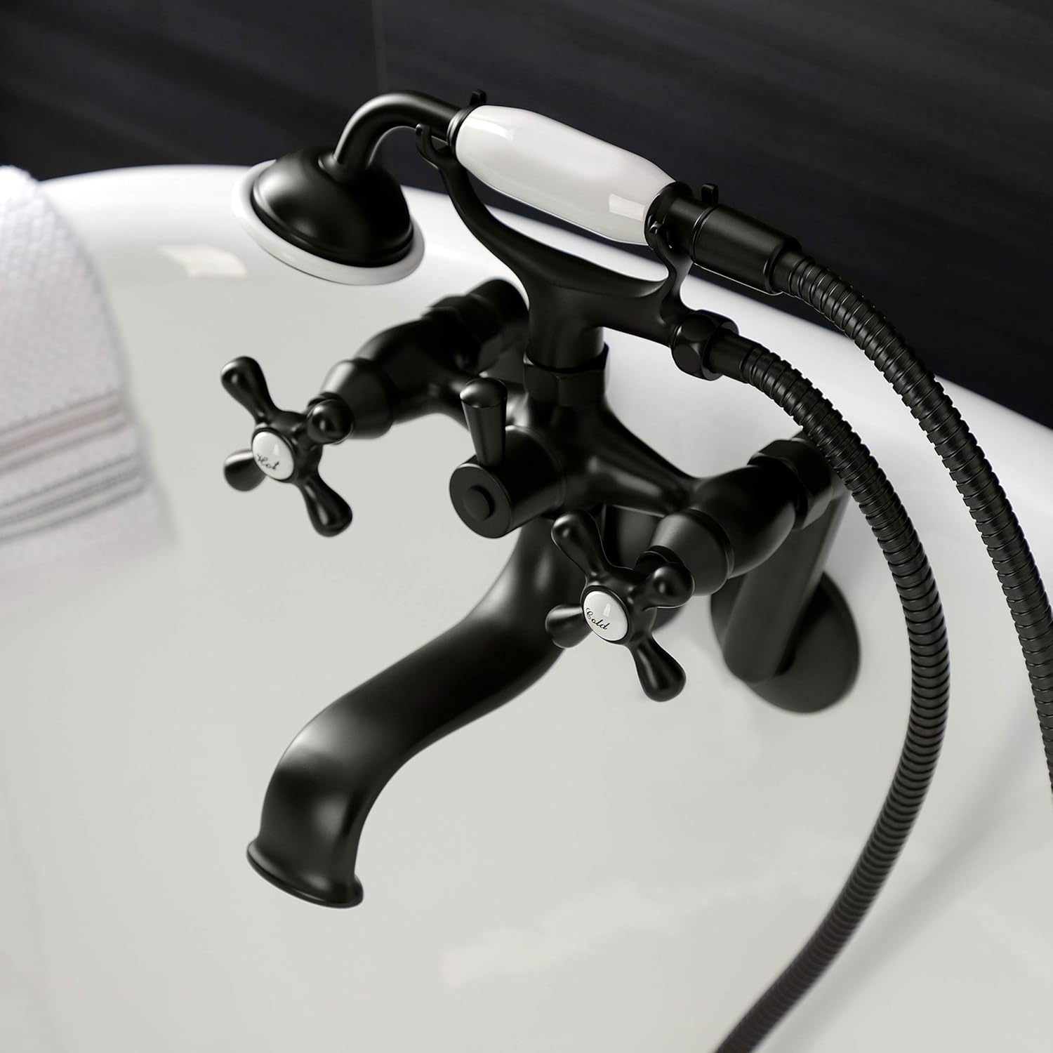 Kingston Brass KS229MB Kingston Wall Mount Clawfoot Tub Faucet with Hand Shower, Matte Black