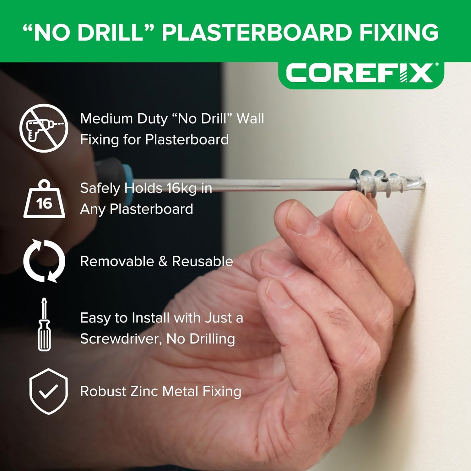 Corefix Twist Self-Drilling Drywall Anchors with Screws Kit (100 Pack) Medium Duty Metal Wall Anchors and Screws. Easy to Install with NO Drill Required Suitable for All Drywall Types.