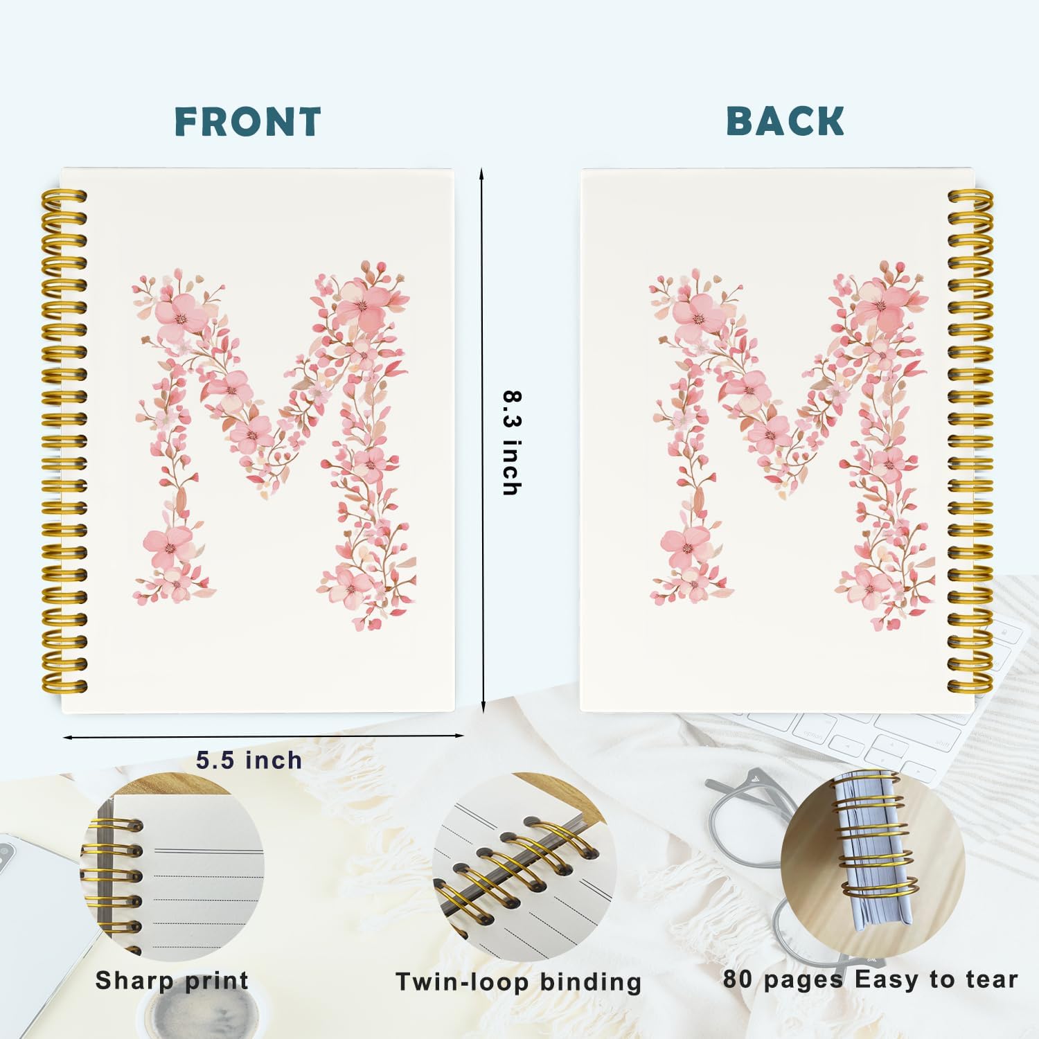 Pink Cute Spiral Notebook Journal, Preppy Floral Initial Letter M Personalized Journaling Notebooks, Monogrammed Gifts for Women Girls, Botanical Hardcover Spiral Lined Notebook 5.5 x 8.3 - Image 5