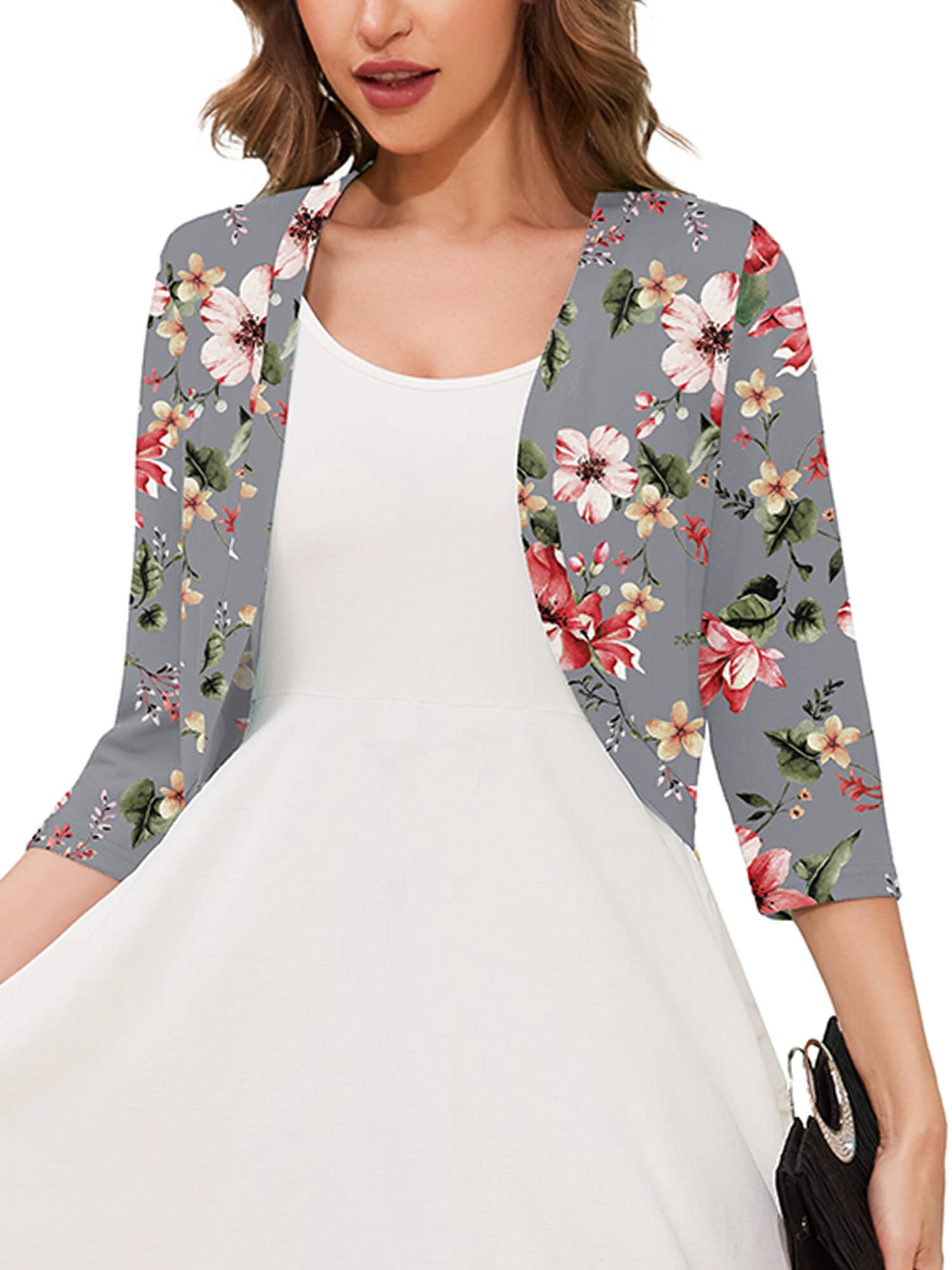 3/4 Sleeve Open Front Lightweight Cropped Bolero Shrug Cardigan | Soft breathable knit, 3/4 sleeve cropped cut, open front layering, versatile cover up for dresses, women's casual fit