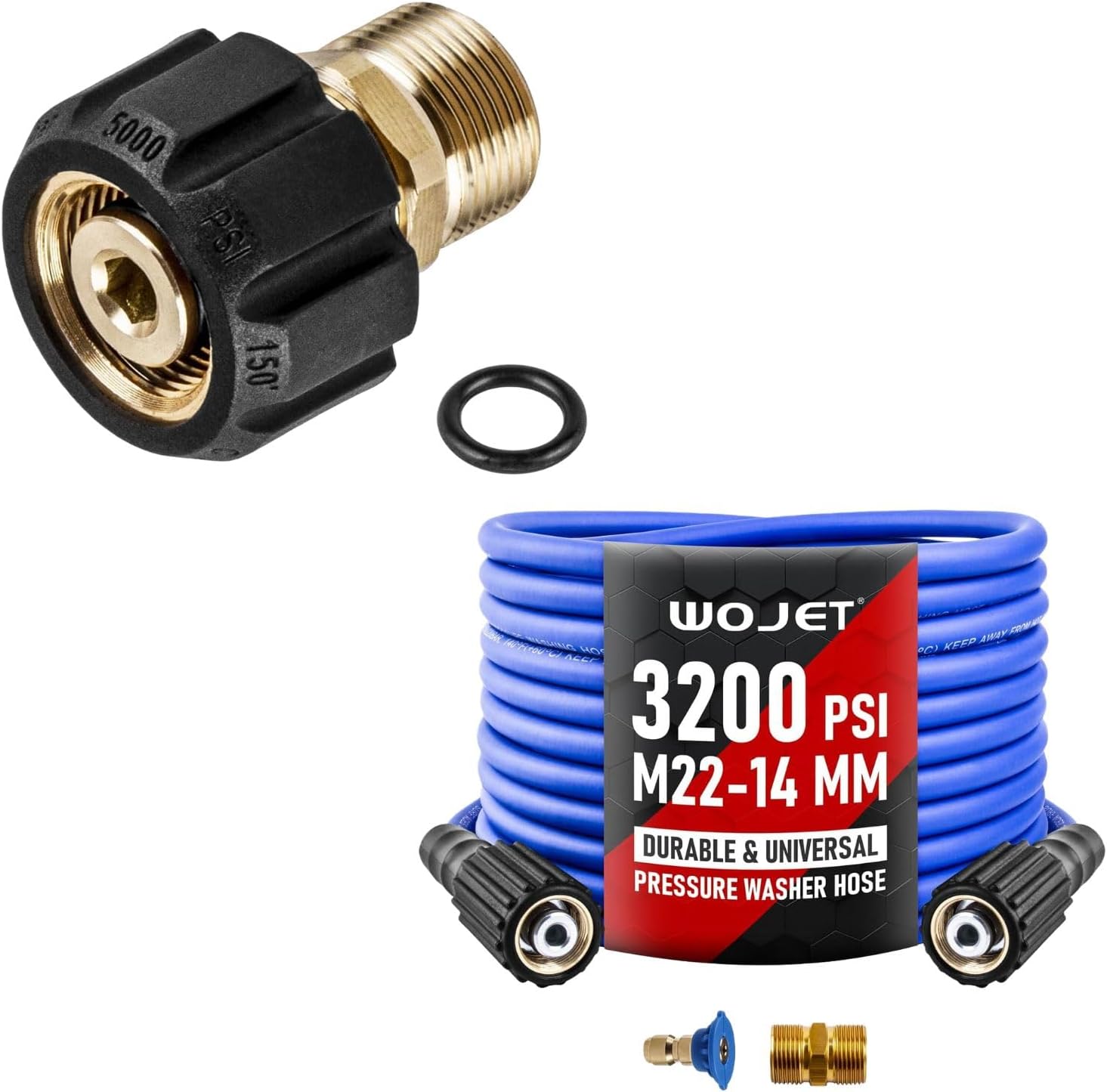 WOJET Pressure Washer Hose 25ftx1/4” ＆ WOJET Pressure Washer Adapter
