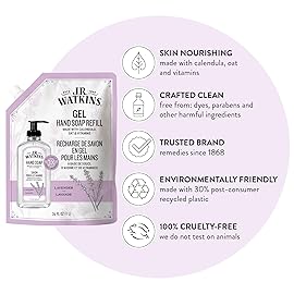 J.R. Watkins Gel Hand Soap Refill, Moisturizing Hand Wash, Formulated with Plant-Based Cleansers, Alcohol-Free, Cruelty-Free, Lavender, 34 Fl Oz, 2 Pack