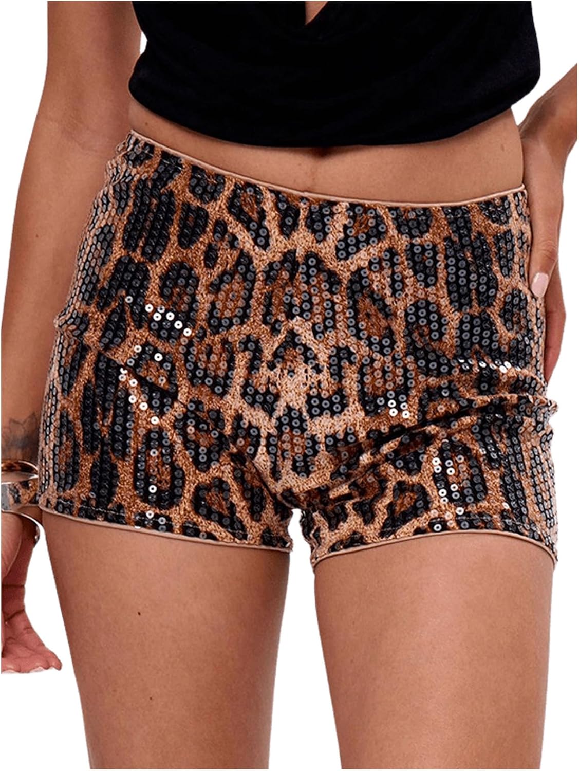 SHENHE Women's Cheetah Print Shorts Y2k High Waisted Sparkly Sequin Mini Micro Shorts - Image 5