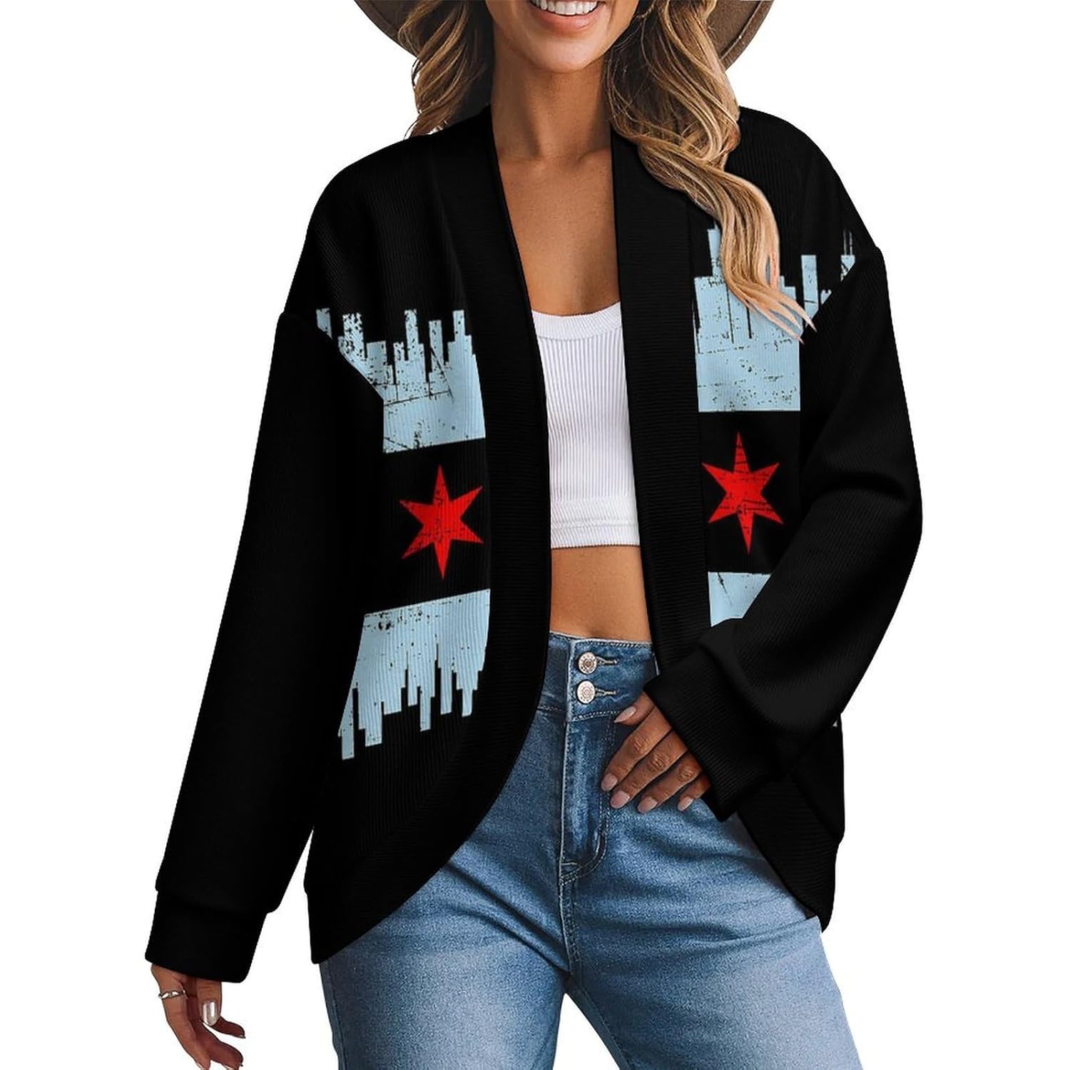 Chicago-City Flag Long Sleeve Warm Cardigan Casual Front Drape Drop Shoulder for Womens