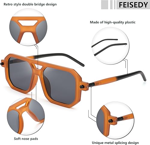Miniatura 21 de Feisedy - B2622 - Lentes de sol estilo aviador, cuadrados, clásicos de los años 70, unisex, con montura clásica retro y elegante, UV400 Marco