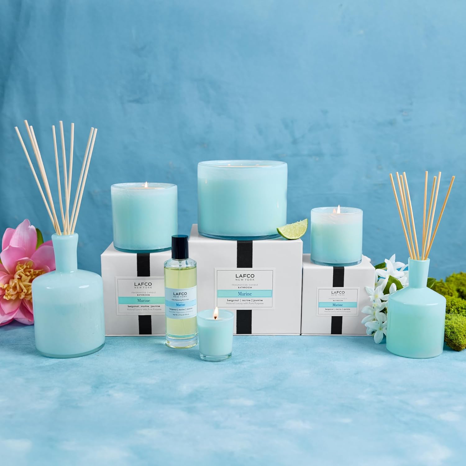 LAFCO New York Signature Reed Diffuser, Marine - 15 oz - Up to 9 Months Fragrance Life - Reusable, Hand Blown Glass Vessel - Natural Wood Reeds - Made in The USA