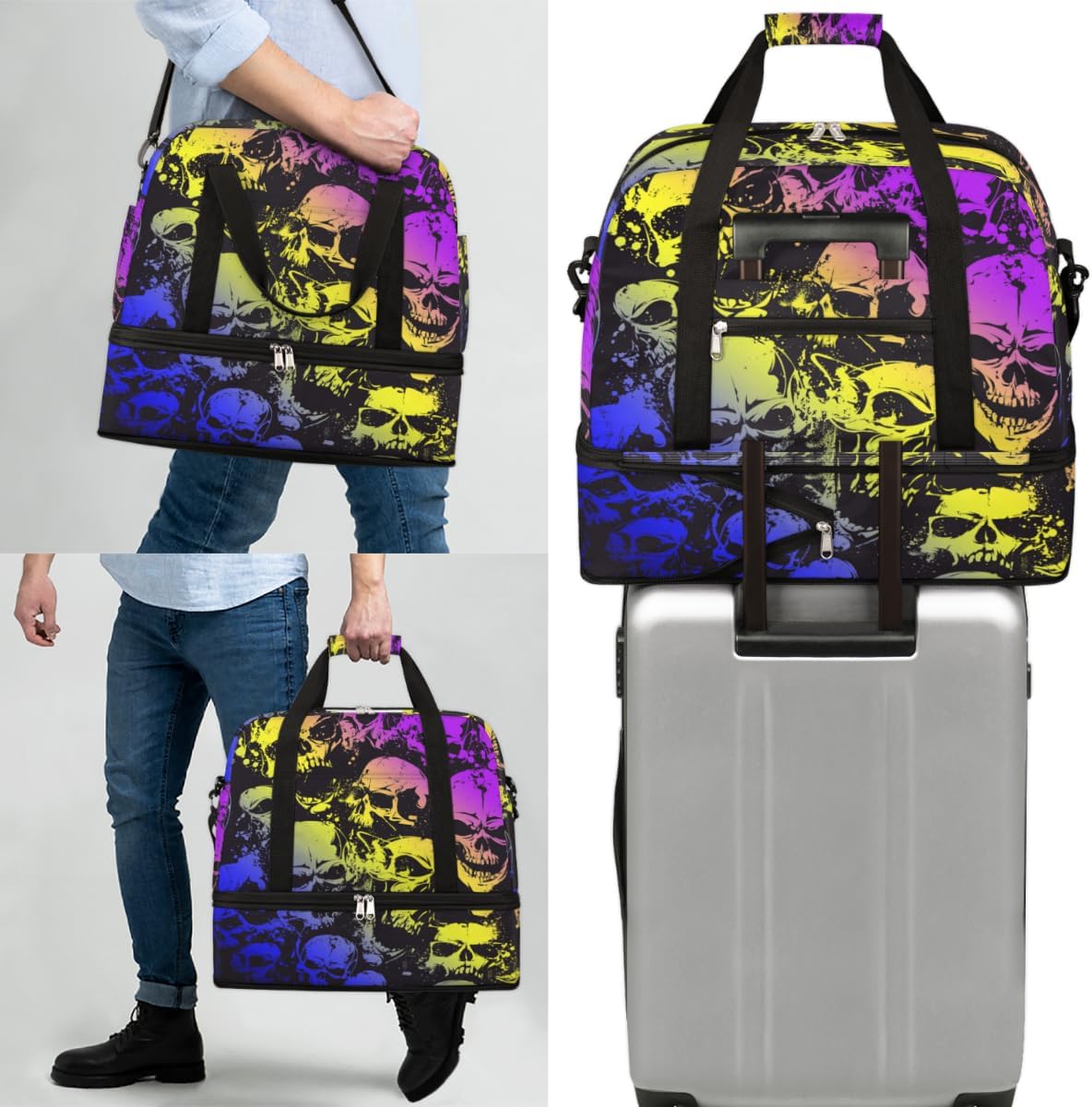 QsirBC Skulls Art Theme Gym Bag for Women Duffle Tote with Shoes Compartment Men Weekender Duffel for Dance Travel Sports Swimming Overnight