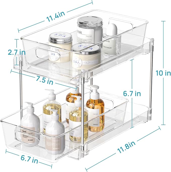 Vtopmart 4 Pack 2 Tier Bathroom Under Sink Organizers and Storage, Clear Kitchen Pantry Organization, Pull Out Medicine Cabinet Organizer with Movable Dividers
