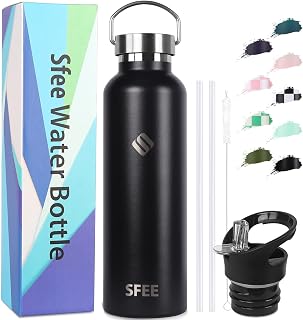 Sfee Insulated Water Bottle with Straw Lids, 25oz Stainless Steel Water Bottles Double Wall Vacuum Metal Water Bottle Kids Leakproof Sport Water Bottle for Outdoor, Fitness, Gym+Cleaning Brush(Black)