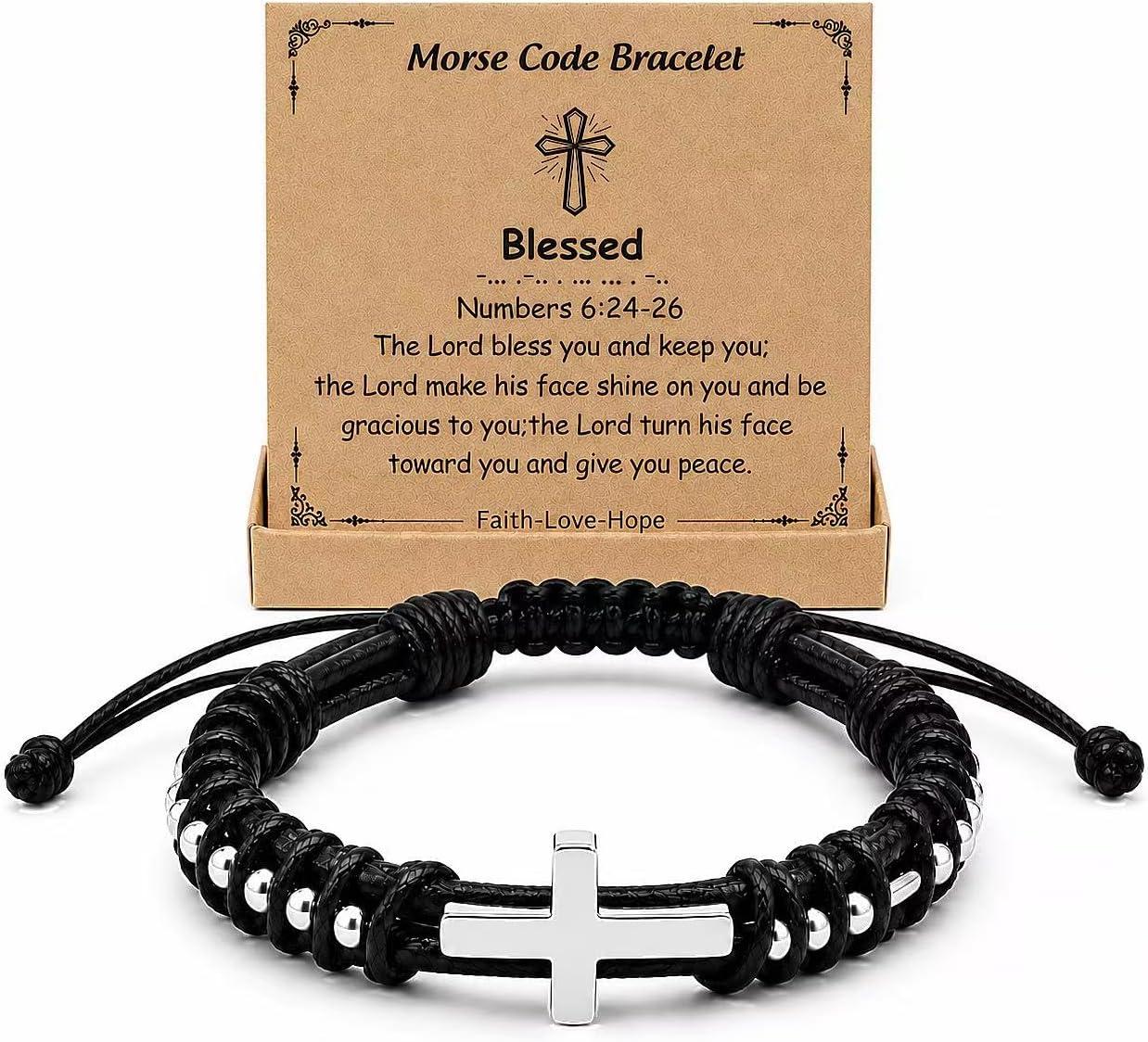 Morse Code Cross Leather Bracelet for Teen & Men, Inspirational Religious Faith Wristband with Bible Verse Card, Blessed Brave Grace Love You Inspirational Jewelry Gift for Son Baptism Confirmation Birthday