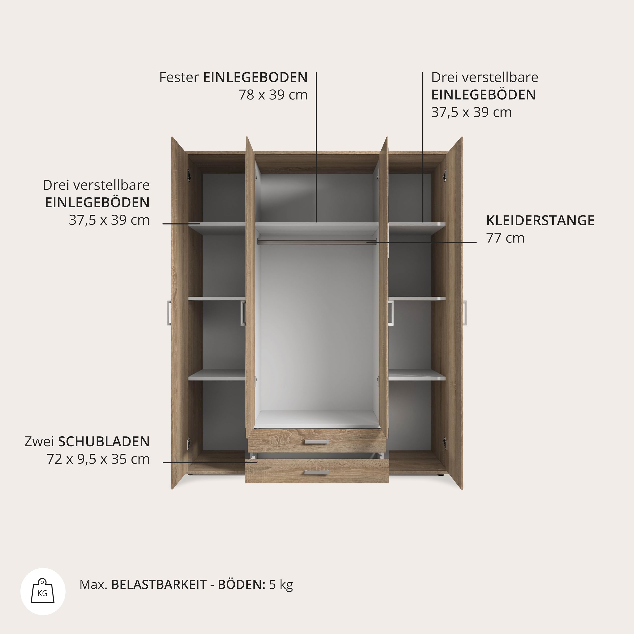 Stella Trading KARL Kleiderschrank 4-türig Schrank mit Spiegel in Sonoma Eiche Optik – Bild 6