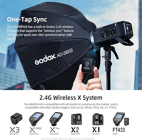 Miniatura 7 de Godox AD400 Pro II AD400Pro II Flash para Exteriores, 400Ws 2.4G TTL 1/8000 HSS Monolight, 0.01-1s Tiempo de Reciclaje, Lámpara de Modelado de 30W